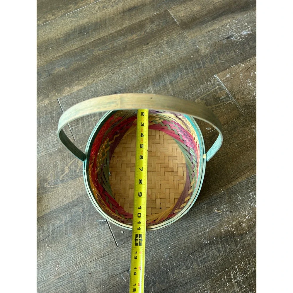 Vintage Style Woven Bamboo Basket Round Multi Color Pink Teal Braided Detail 11i